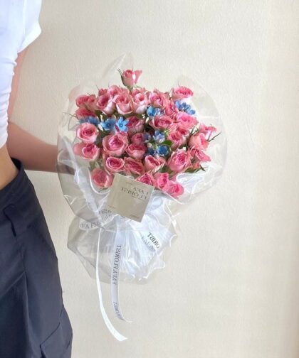 MINI PINK ROSE & BLUE FLOWER BOUQUET