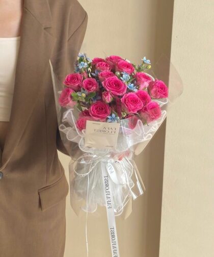 MINI HOT PINK ROSE & BLUE FLOWER BOUQUET