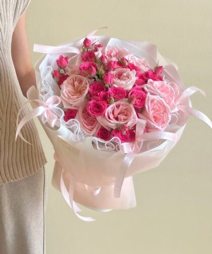 PINK & MINI HOT PINK ROSE ( RIBBON ) BOUQUET