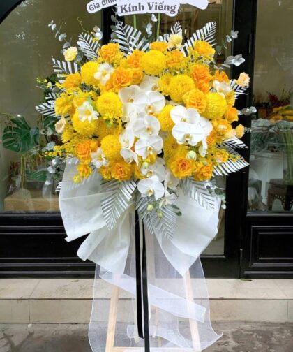 YELLOW ROSE/ORCHID CONDOLENCE FLOWER STAND 023