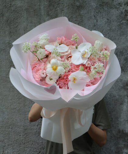 Pink Rose & White Tulip & Orchid mix Bouquet
