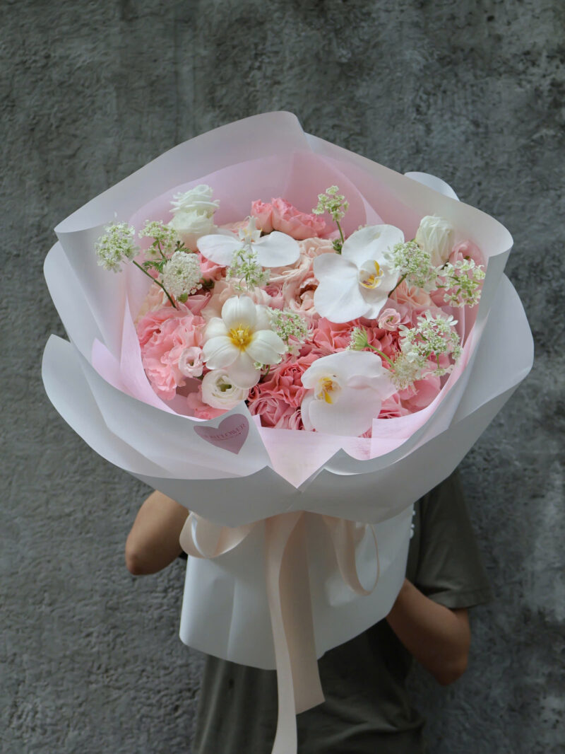 Pink Rose & White Tulip & Orchid mix Bouquet