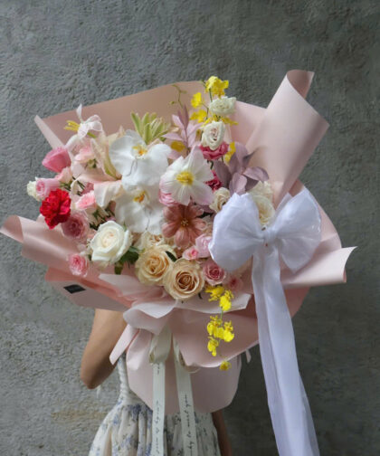 PINK/YELLOW TONE PREMIUM BOUQUET-RIBBON