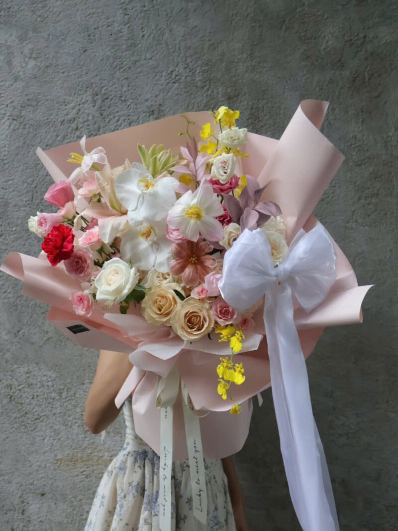 PINK/YELLOW TONE PREMIUM BOUQUET-RIBBON